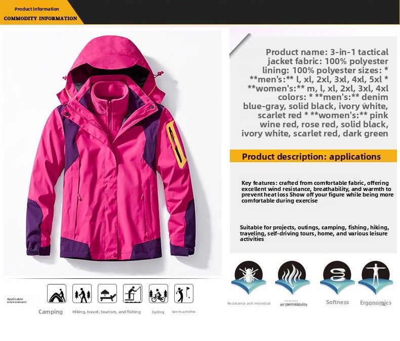 Giacca da uomo 3 in 1, staccabile, in due pezzi, foderata in pile, impermeabile e antivento, da donna, per escursioni all'aperto_voghion.com