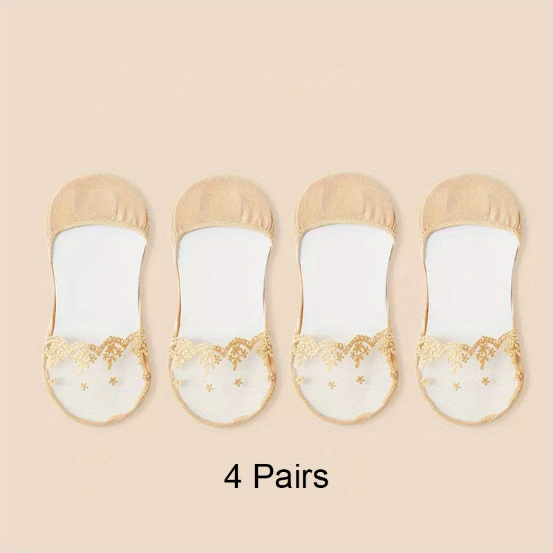 4 Pairs Summer Women Invisible Socks Cotton Shallow Mouth Socks Lace Boat Socks ,Women's Stockings & Hosiery_voghion.com