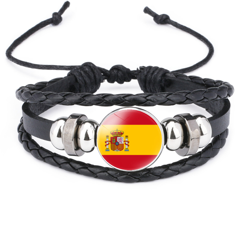New Men's Women's Bracelet Spain Flag Pattern Black Cowhide Bracelet, Adjustable Retractable Bracelet_voghion.com