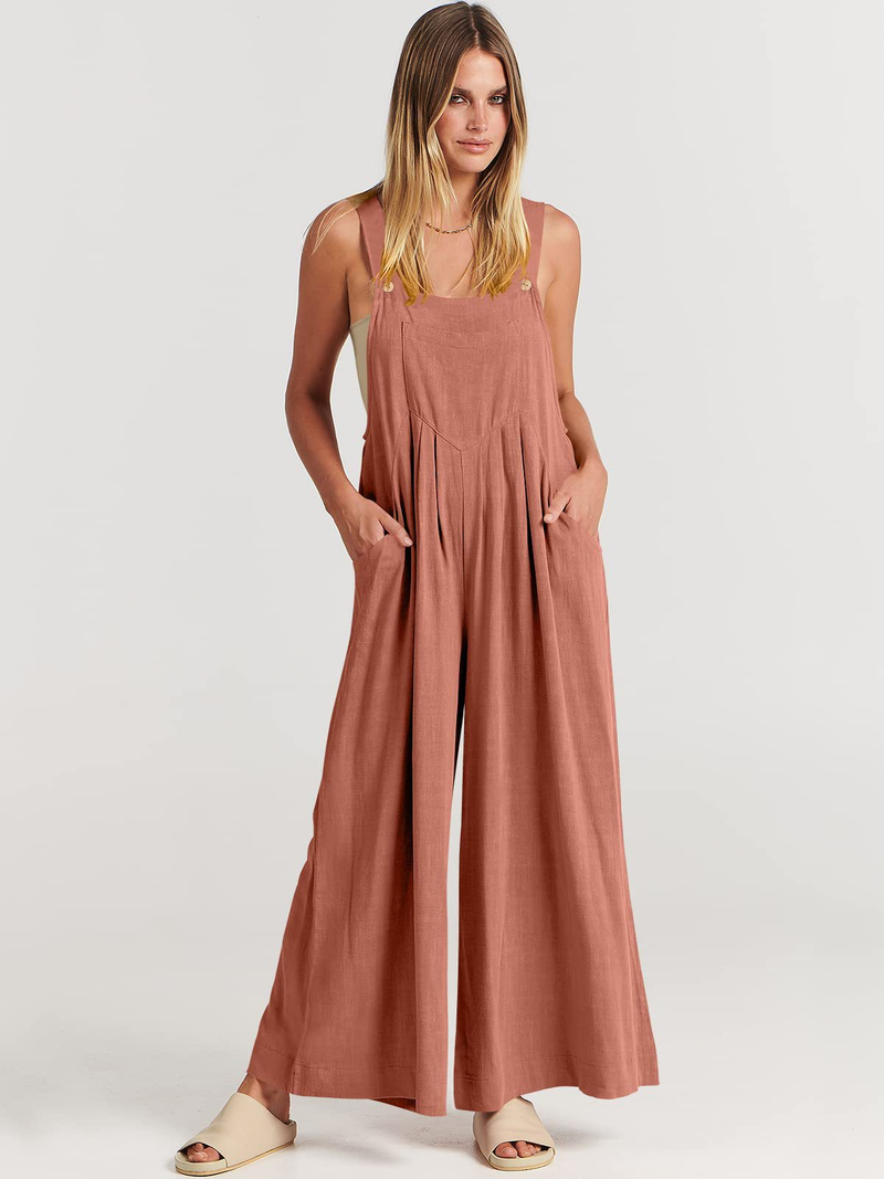 Women's clothing solid color loose casual cotton and linen overalls jumpsuit_voghion.com