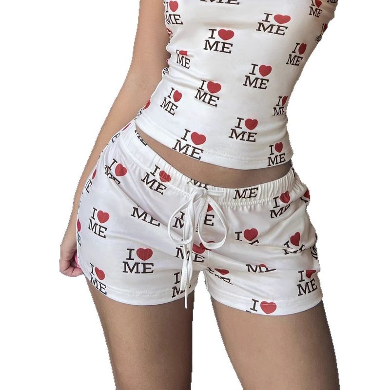 Conjunto casual de top de tubo con hombros descubiertos y pantalones cortos con cintura elástica con lazo, estampado "Loveme", estilo americano, de Audday_voghion.com