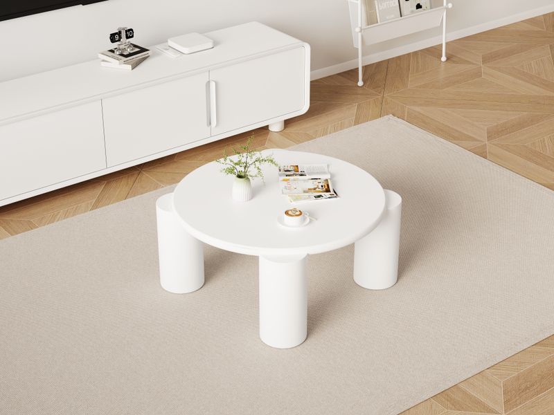Table basse moderne White Cloud avec 4 pieds stables, petite table d'appoint ronde blanche pour salon, chambre, balcon, terrasse, design à bords arrondis_voghion.com