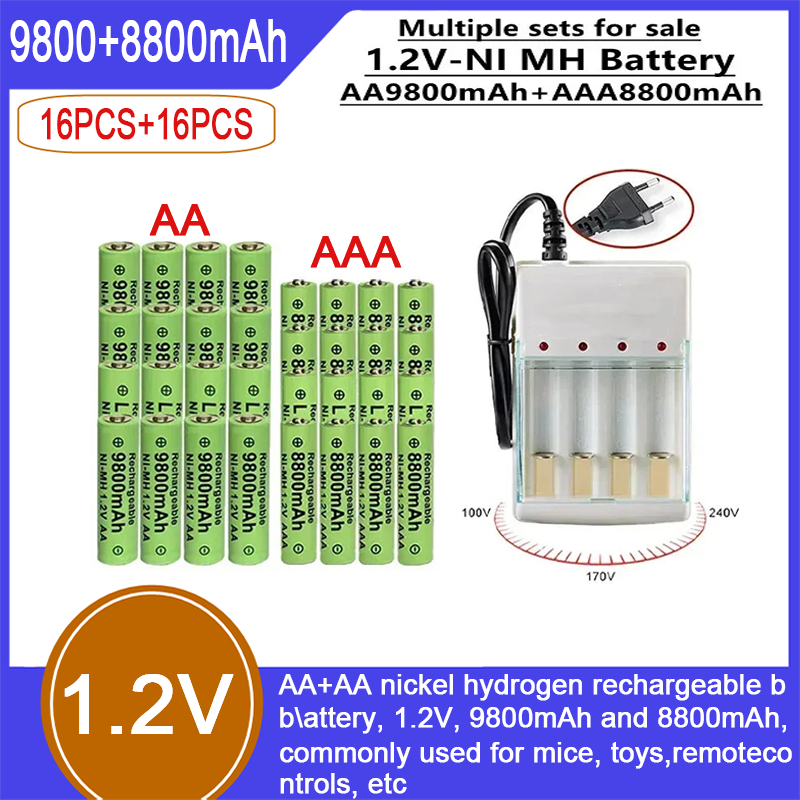 AA+AA nikkel-hidrogén újratölthető akkumulátor, 1,2 V, 9800 mAh és 8800 mAh, általában egerekben, játékokban, távirányítókban stb. használják._voghion.com