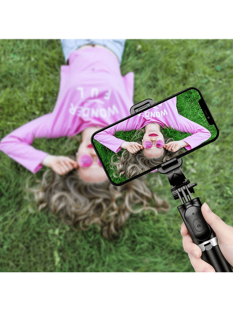 1 schwarzes ausziehbares Stativ, tragbarer Telefon-Selfie-Stick, 360 ° drehbar, Anti-Shake, Selfie-Stick-Halter, Desktop-Teleskop-Stativ, kabelloses Bluetooth_voghion.com