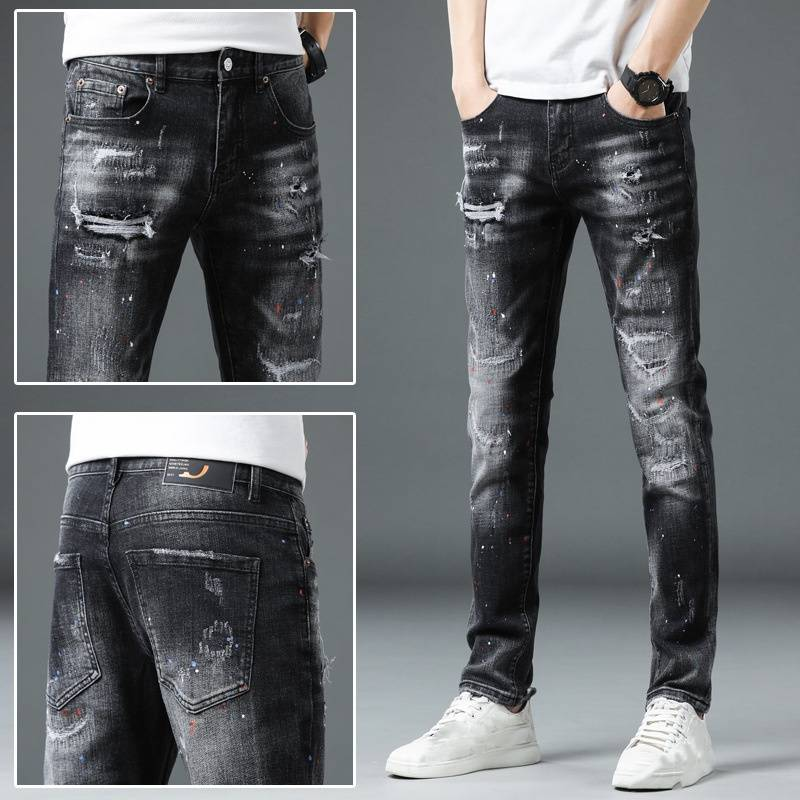 Men's Slim Fit Stretch Jeans With Distressed Details - Black & Gray Washed Denim Pants For Casual Wear_voghion.com