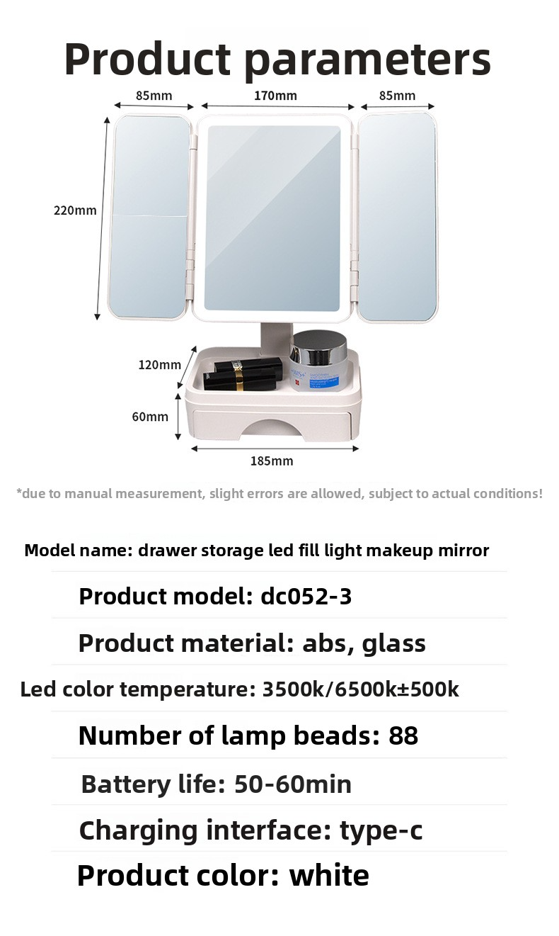 Espejo de tocador LED de 3 lados con control táctil y compartimento de almacenamiento - Iluminación regulable y ajustable 360° para maquillaje y cuidado de la piel (blanco)_voghion.com