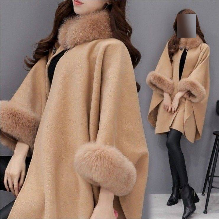Women's Clothing Elegant Rabbit Fur Collar Long Wool Coat - Oversized Cape Cloak With Classic Hepburn Style (Black, Gray, Camel, S-5XL)_voghion.com