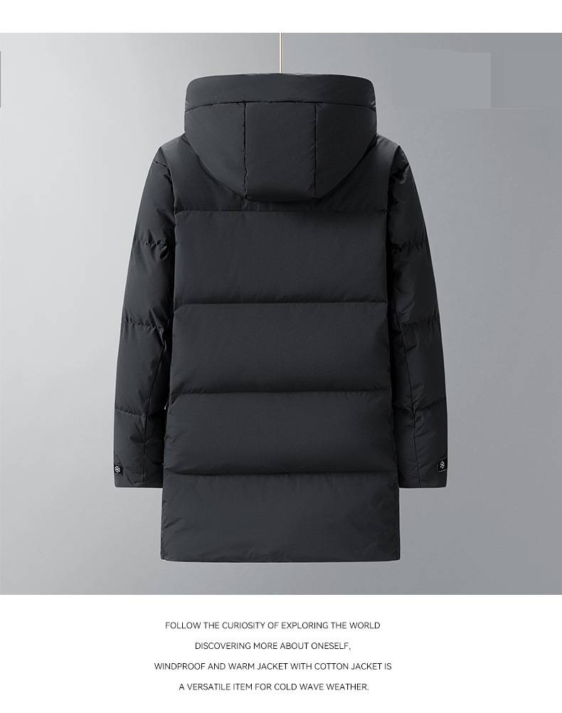 Jaqueta longa com capuz e plumas grande para homens - Casaco de inverno leve e quente, à prova d'água e lavável à máquina, enchimento 550 de plumas de pato brancas_voghion.com