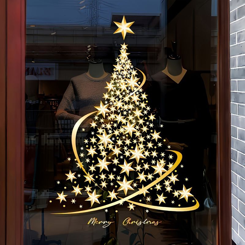 Christmas Gift For Kids - Gold Christmas Tree Window Clings, Easy Static Cling Snowflake Stickers For Glass Doors & Windows, No Mess Removable Decor_voghion.com