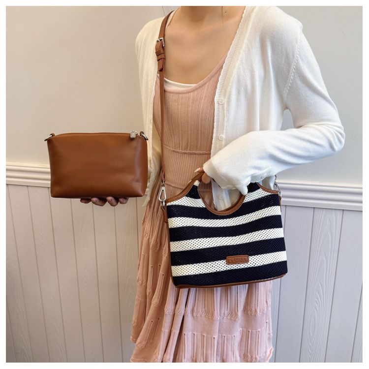 Borsa a secchiello con motivo a righe per donna, borsa da spiaggia casual in stile vacanza di grande capacità, tracolla singola_voghion.com