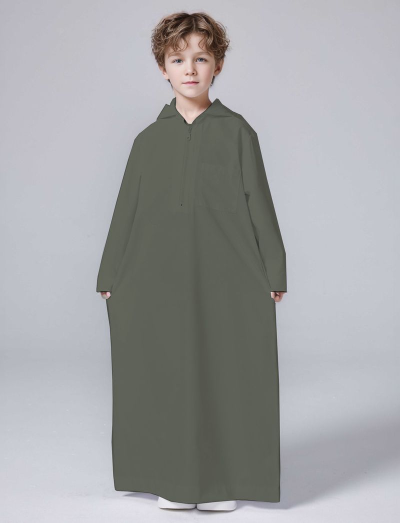 Ropa para niños Camisa con capucha y cremallera de color liso para niño Bata Thobe MSL220_voghion.com