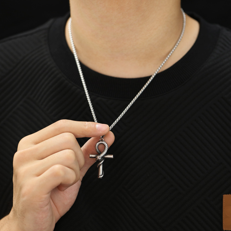 Manba Snake Cross Pendant Trendy Men's Personalized Titanium Steel Necklace_voghion.com