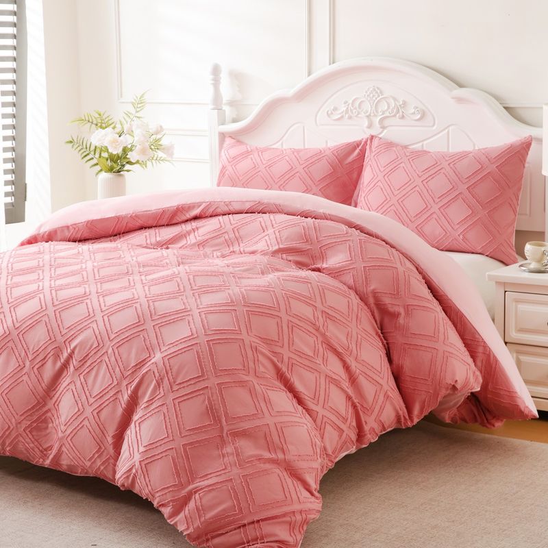 Tufted Wool Cut Flower Pink Diamond Geometric Quilt Cover Home Textile Bedding Three Piece Set_voghion.com