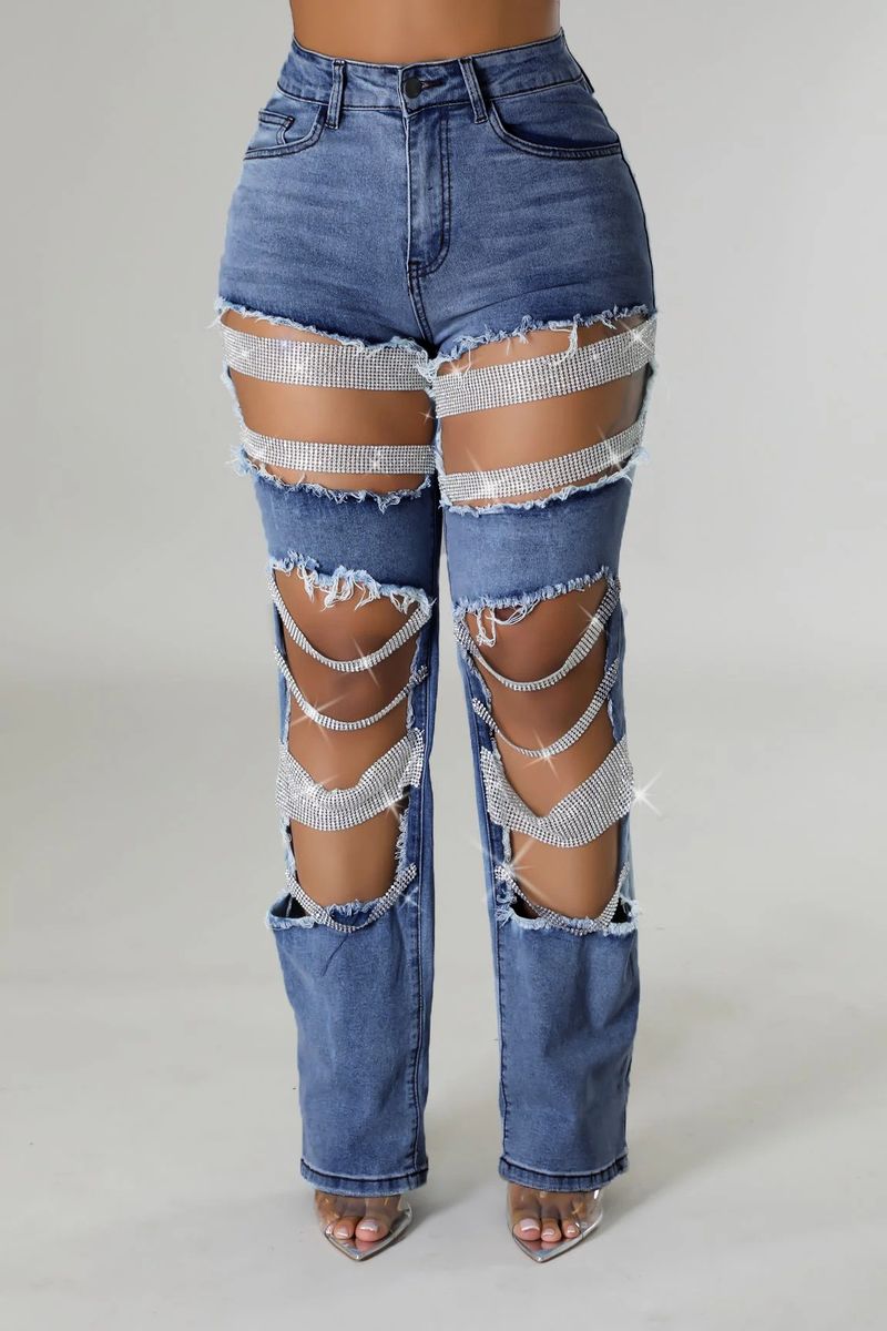 Women's Clothing Hot Girl Summer Pants Holes Heavy Beaded Beaded Stretch Jeans Trousers Women Jeans_voghion.com