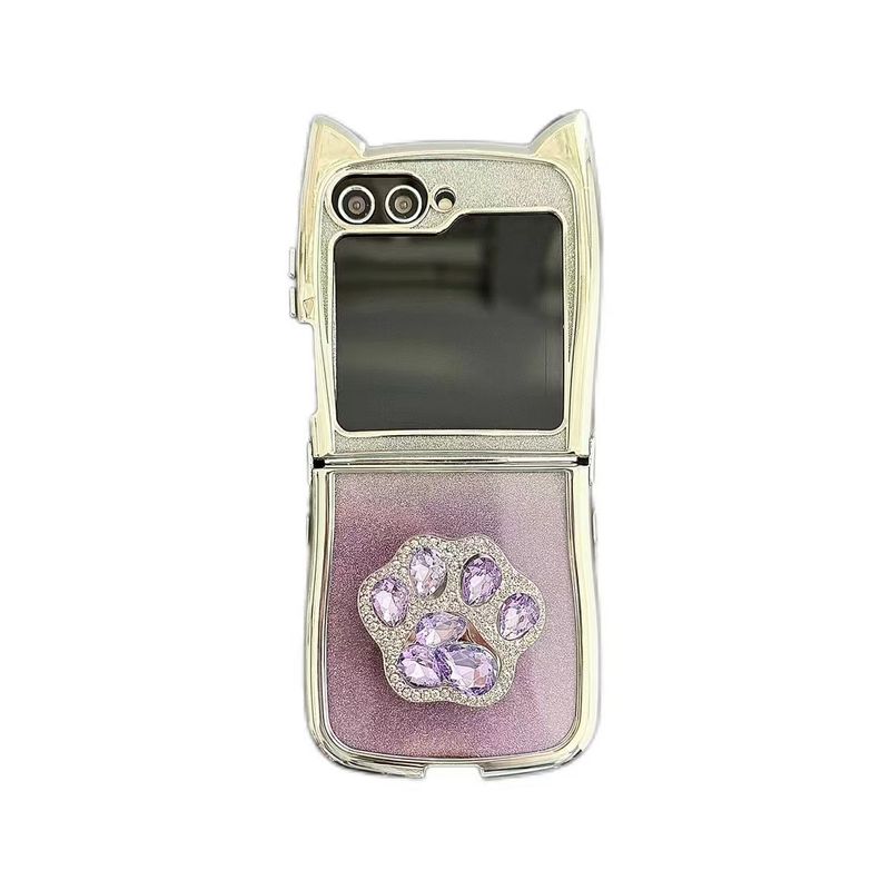 Per Samsung Galaxy Z Flip 3 4 5 6 Custodia per telefono con supporto e orecchie di gatto glitterata_voghion.com