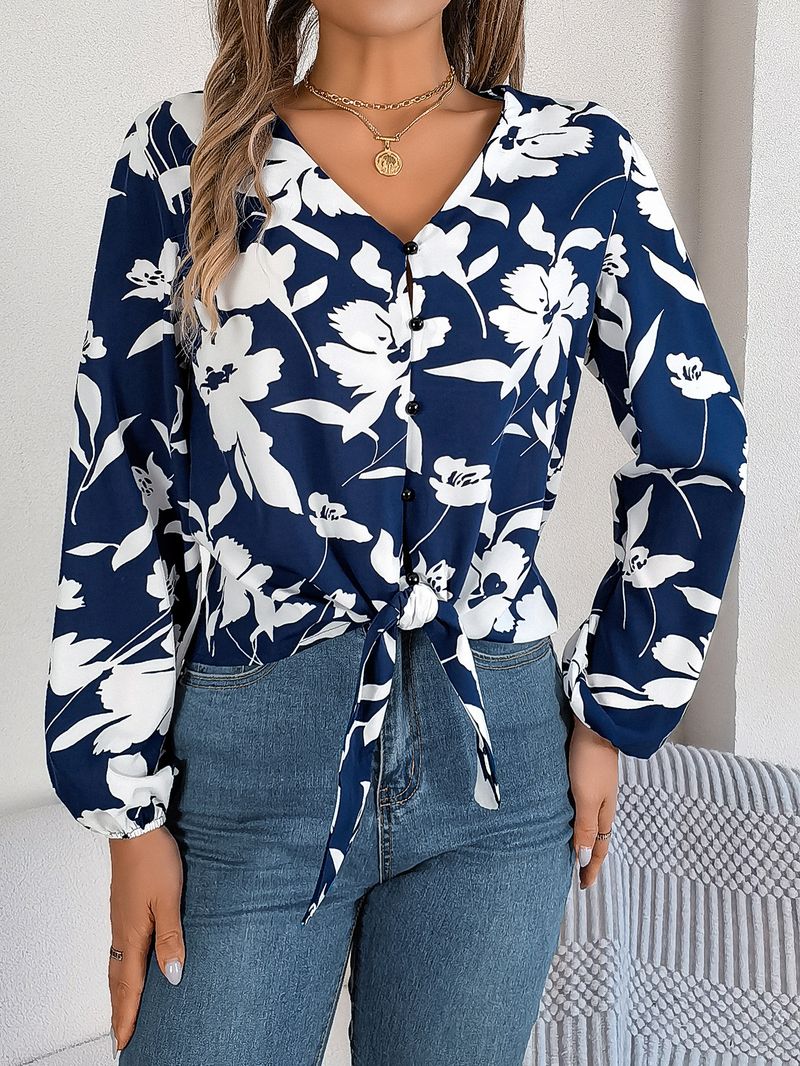 2025 Autumn Winter Casual Color-Block Floral Lantern Sleeve Tie Chiffon Blouse Women's Fashion_voghion.com