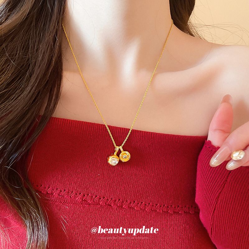 Collana circolare a forma di cuore in zircone placcato oro autentico con catena per clavicola in stile cinese._voghion.com