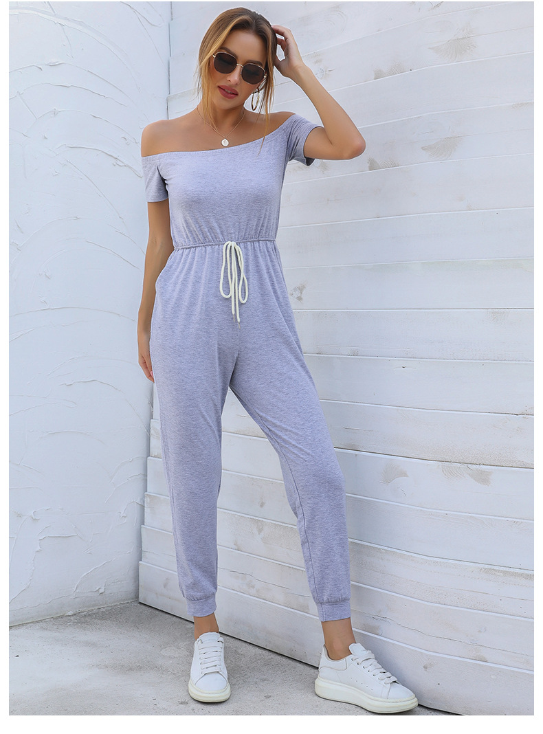 Solid Color One-shoulder Off-shoulder Short-sleeved Sports Jumpsuit_voghion.com