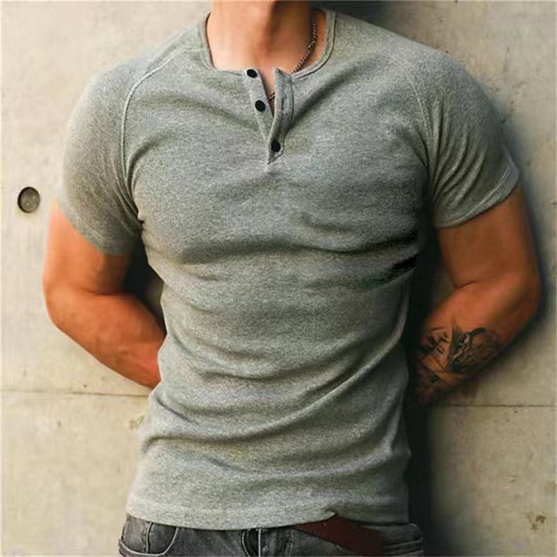 Unbeatable Quality Solid New Summer Versatile Short Sleeve Henry Shirt Casual Men's T-shirt_voghion.com
