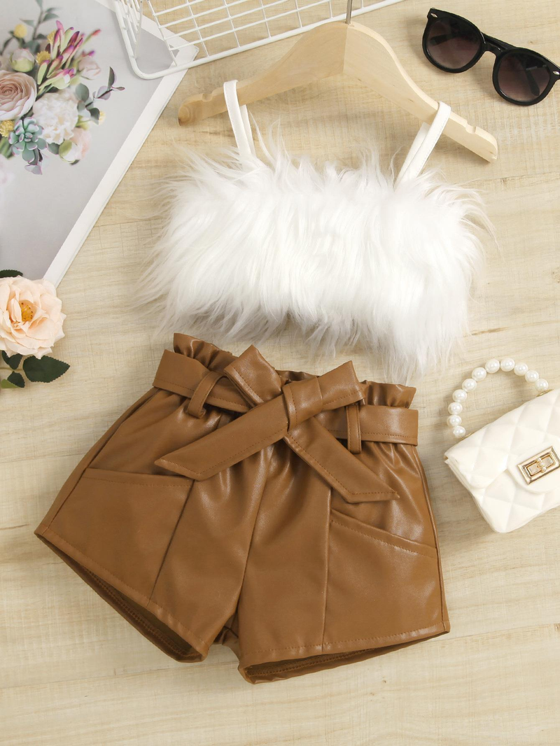 Baby Clothing Furry halter top Solid color open-pocket leather pantsuit with belt_voghion.com