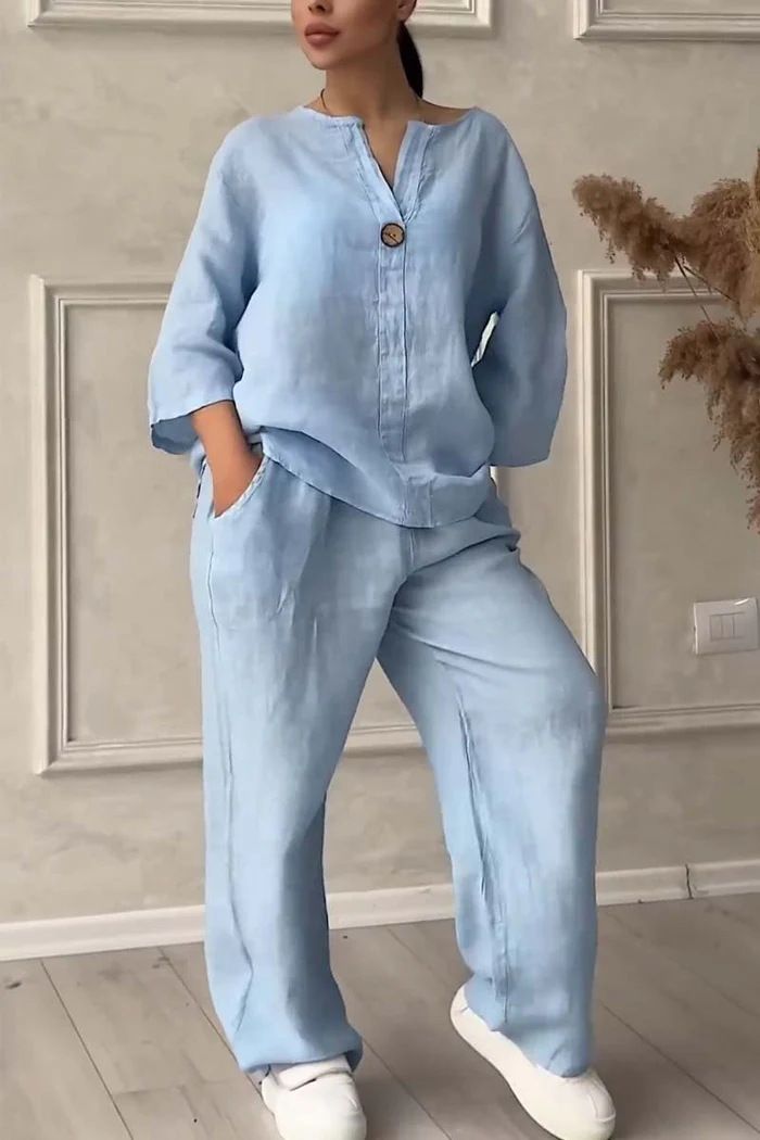 Summer Autumn New Women's 2-Piece Set Plus Size Cotton Linen Shirtsuit Casual Daily High-Waisted Loose-Fit Trousers Set_voghion.com