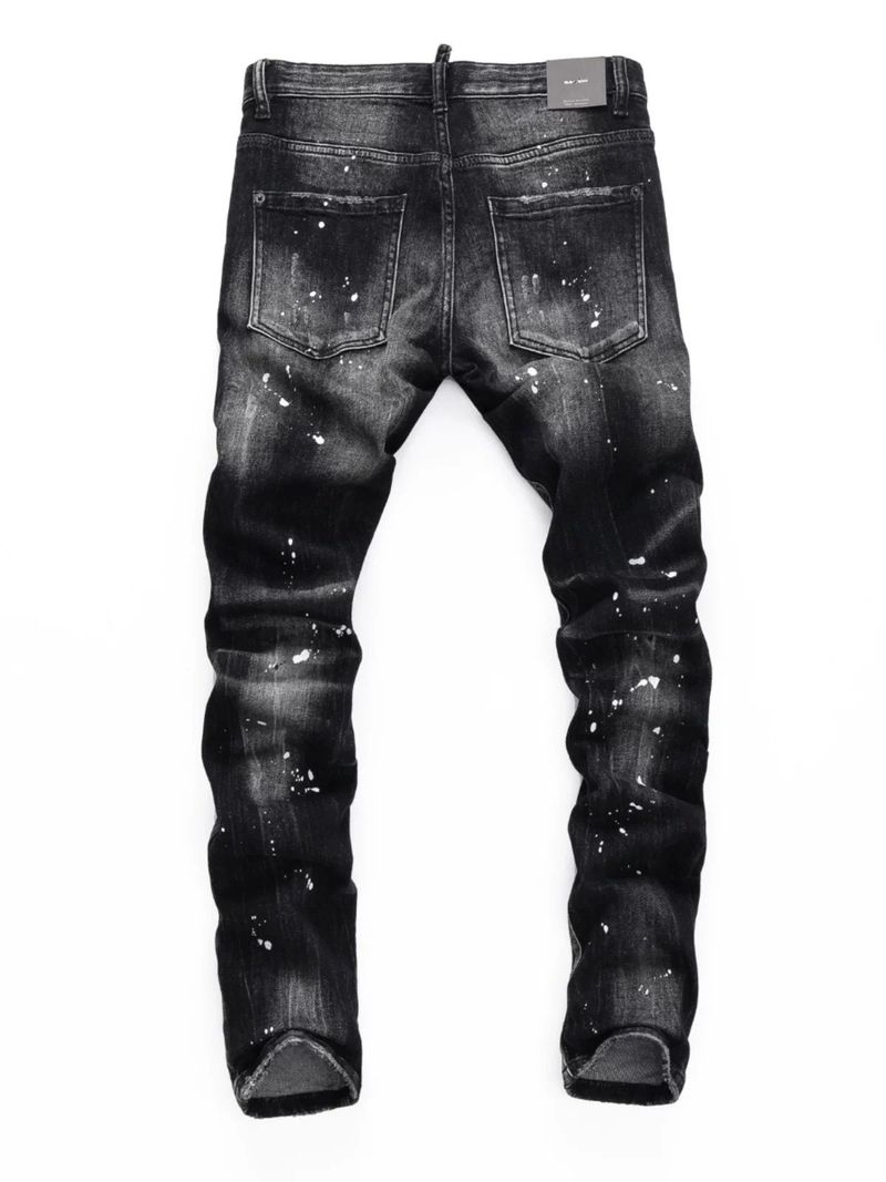 Men's Clothing Fashion Brand Washed Scratched Patches Paint Graffiti Stretch Slim Jeans_voghion.com