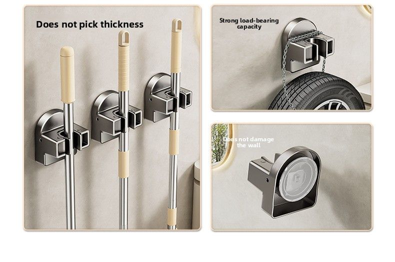 Suction Cup Mop Holder For Bathroom, Multi-Functional No-Drill Storage Rack, Household Cleaning Tool Organizer Hanger_voghion.com