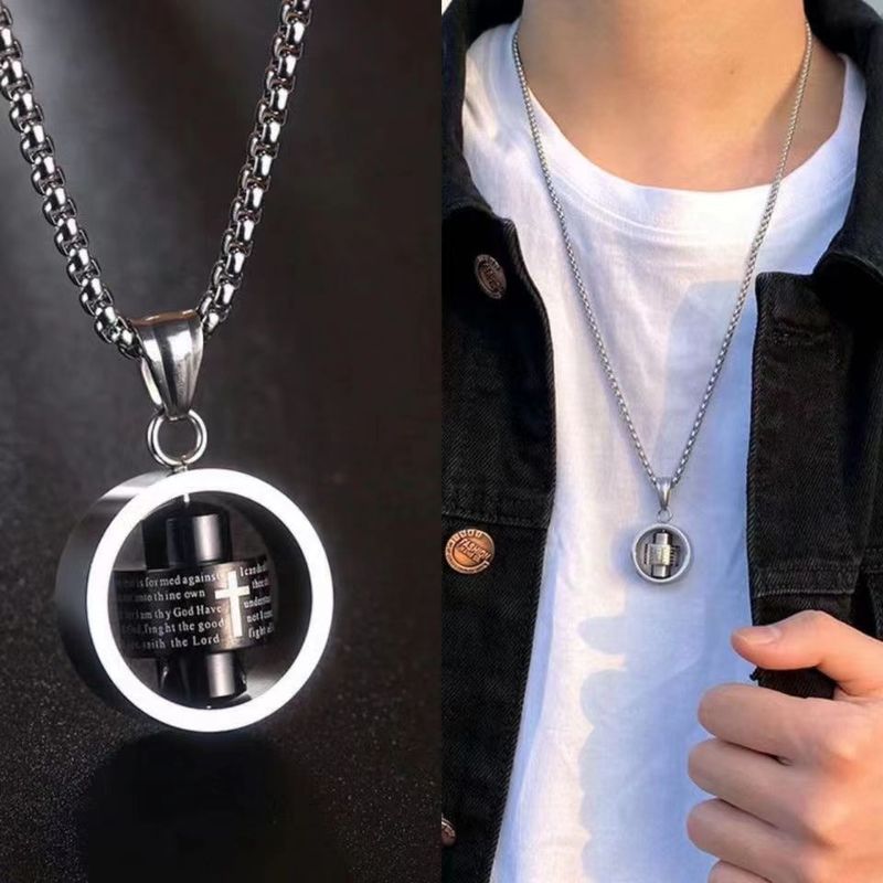 Punk Style Men's Titanium Steel Pendant Geometric Lucky Wheel Cross Rotating Necklace Nylon Chain_voghion.com