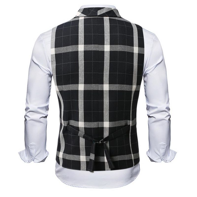 Retro dubbelrijs print gilet voor heren, geruit vest voor casual en zakelijke kleding_voghion.com