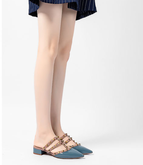 Wiosna Nowe Spiczaste Nit Fajne Damskie Grube Leniwe Buty Liu Nail Baotou Wysokie Obcasy Pół Kapcie_voghion.com