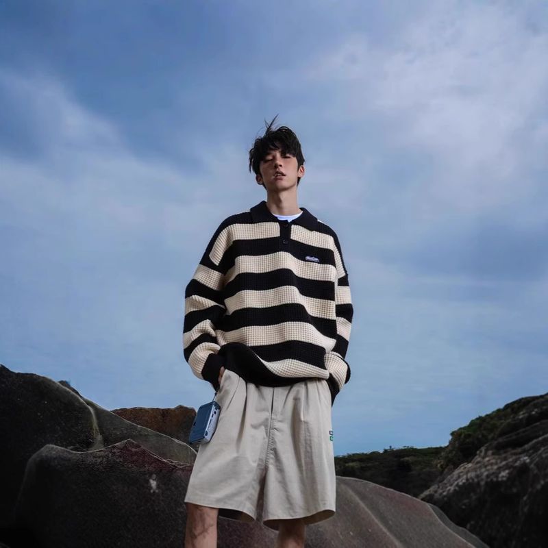 GSOON Men's Autumn/Winter New 800G Arctic Cotton Cashmere Color Blocked Striped Thick Knitted Sweater B_voghion.com