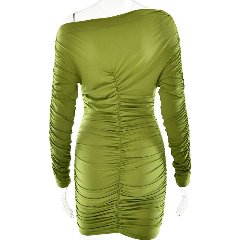 Inclined Shoulder Long Sleeve Sexy Mini Dress For Women Autumn New Fashion Backless Ruched Bodycon Party Sexy Dress_voghion.com