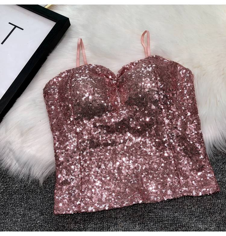 Abbigliamento da donna Cintura sexy Reggiseno imbottito Capispalla Bretelle Paillettes Intimo Corto Top da night club_voghion.com
