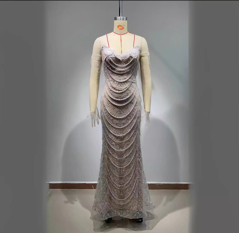 Europese en Amerikaanse mode nieuwe heavy duty tube top kralen lange visgraat vloer lengte sexy avondjurk_voghion.com