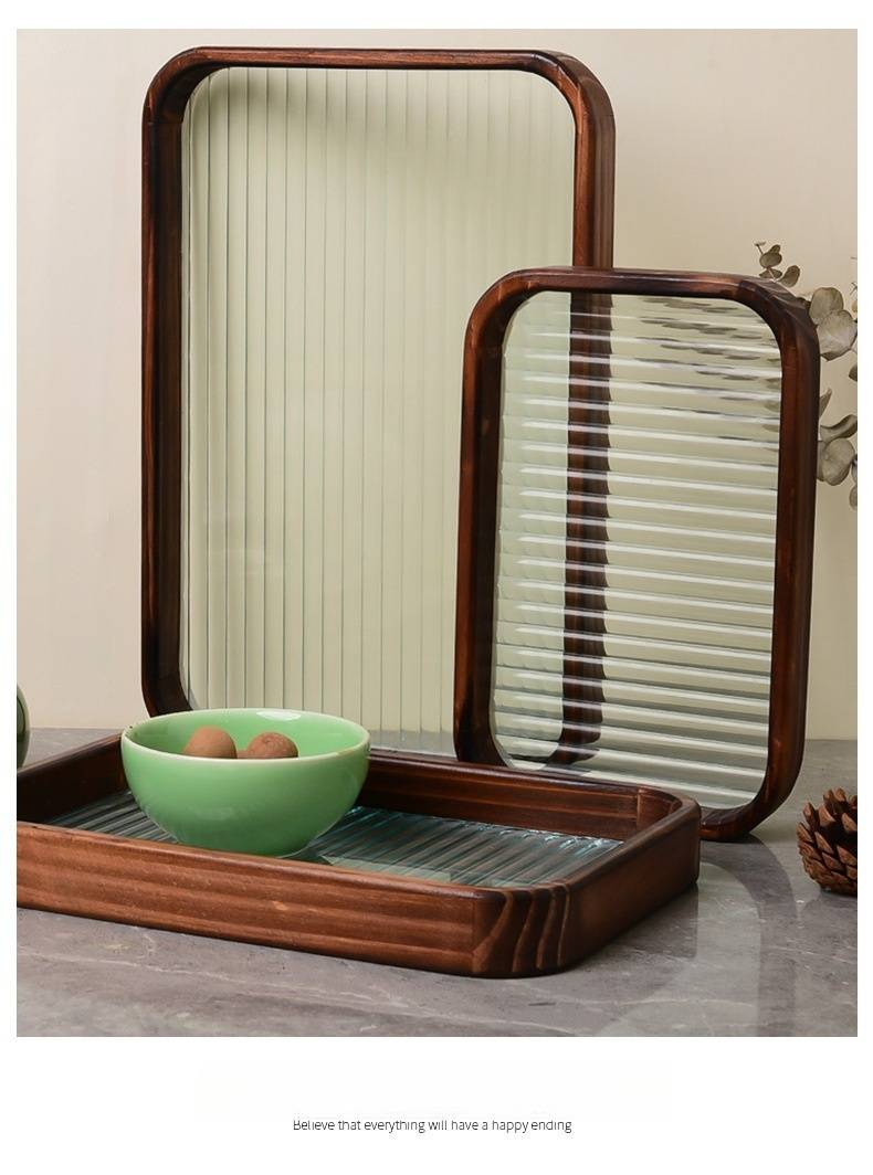 Walnut-Colored Rectangular Tray With Textured Glass - Minimalist Serving Platter For Tea, Coffee, Fruits & Desserts_voghion.com