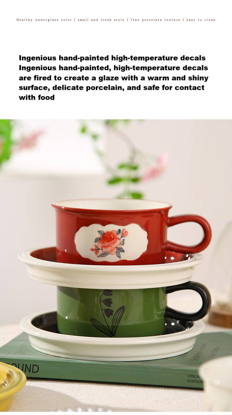 Retro-Blumen-Wasserbecher, Keramikbecher, Restaurant-Nachmittagsteetasse, Becher, Latte-Kaffeetasse, ein Tassen- und ein Untertassen-Set_voghion.com