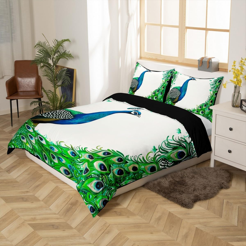 Copripiumino con pavone per lettino per bambini, elegante copripiumino con uccelli, set da letto con animali selvatici, set di biancheria da letto con piume di pavone esotico, arredamento per la camera da letto_voghion.com