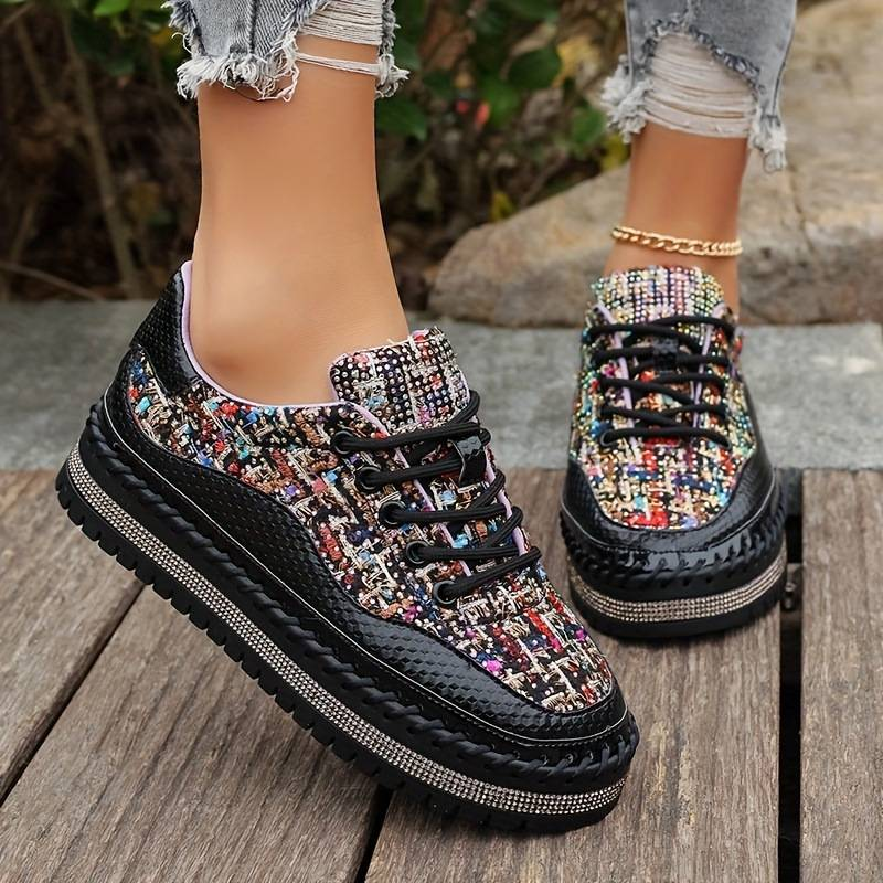 High Quality Fashion Sneakers Women's Artificial PU Splicing Diamond Inlay Top Lace-Up Lace-Up Thick Sole Non-Slip Wear-Resistant Running Shoes 36-45_voghion.com