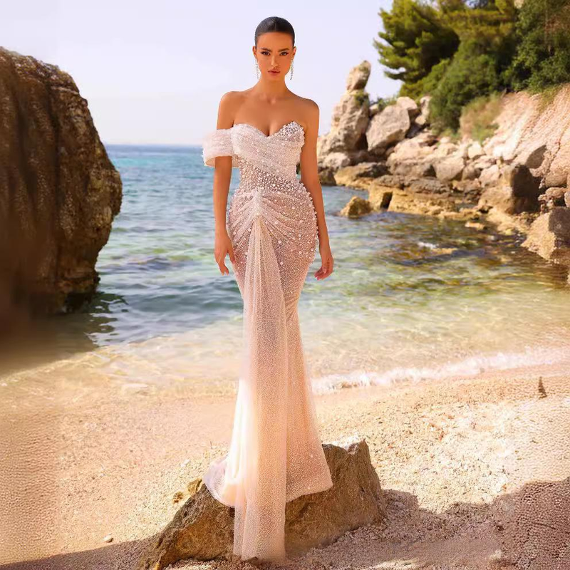 Elegant Beaded Off-Shoulder Party Dress With Glittering Sequins – High Waist Long Gown For Weddings & Evening Events_voghion.com