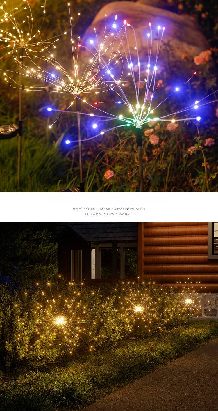 Oświetlenie solarne fajerwerków, dekoracja ogrodu, wodoodporne girlandy świetlne LED do patio, ogrodu i oświetlenia krajobrazu (ciepła biel/wielokolorowe)_voghion.com