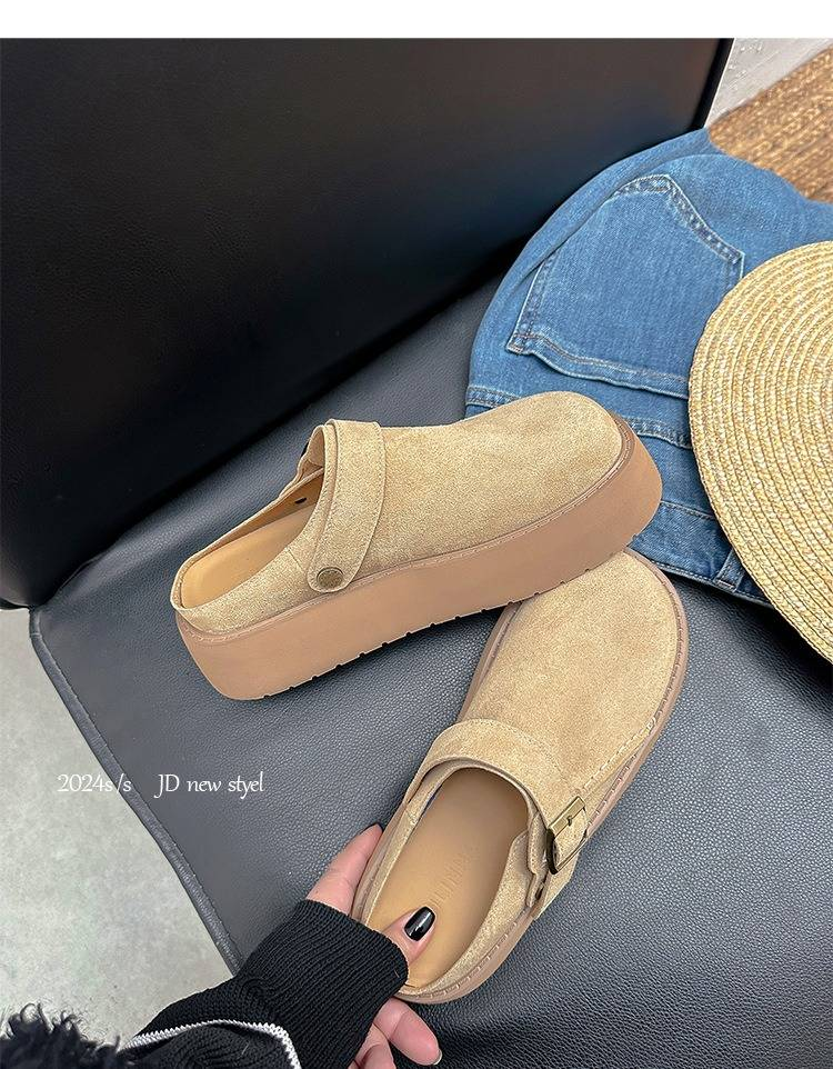 Women's Shoes Chunky Buckle Sandals With Round Toe - Soft Suede Leather Upper & Breathable Cork Footbed - Slip-On Mule Design For Everyday Comfort_voghion.com