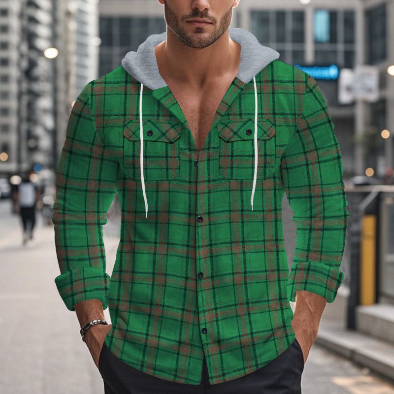 Camicia casual alla moda da uomo in stile americano, autunno inverno, con cappuccio, in flanella jacquard a quadri_voghion.com
