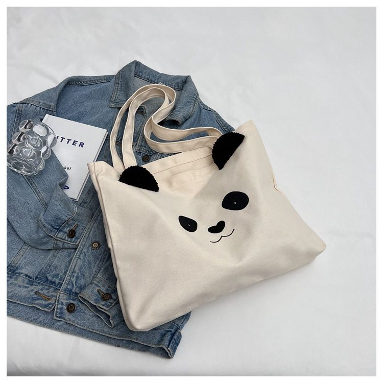 Ny fritid College Student Shoulder Panda Print Stor kapacitet Canvas Dampendlar tygväska_voghion.com