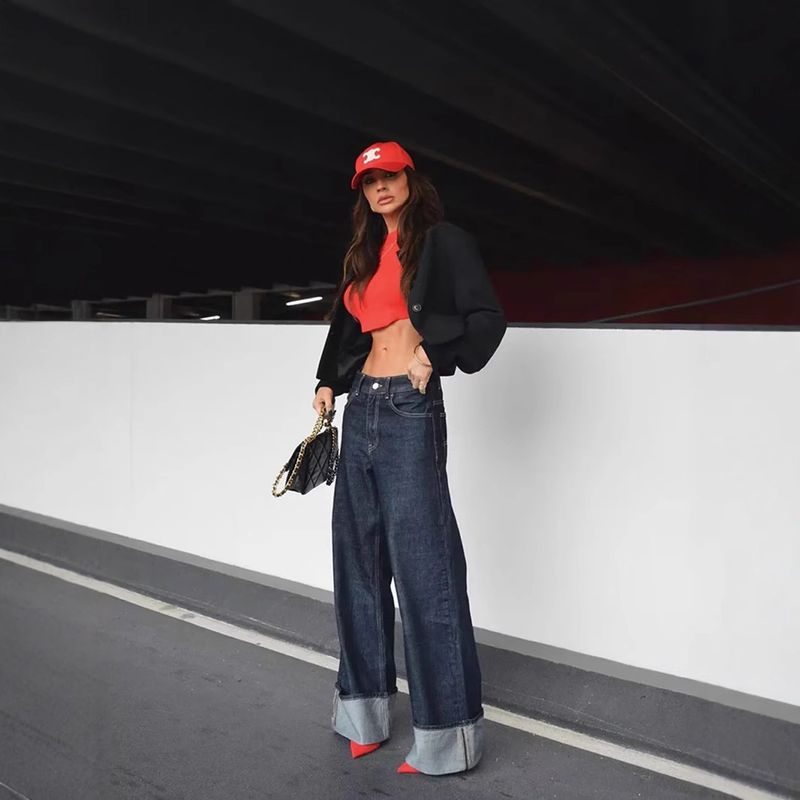 Women's INS Denim Jacket And Flared Cuffed Pants Set_voghion.com