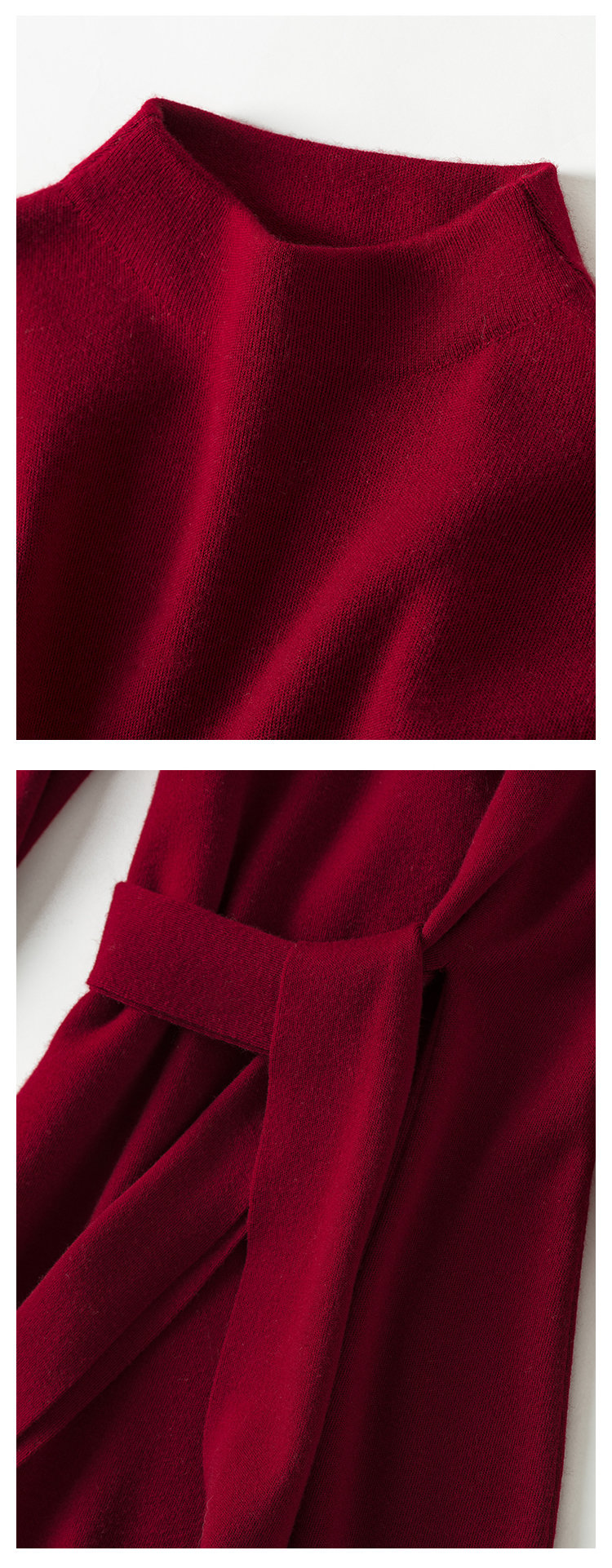 Halbhoher Kragen, Wollstrickkleid für Damen, Herbst und Winter, mittellange Krawatte, eleganter Taillenschlitz, Rot_voghion.com