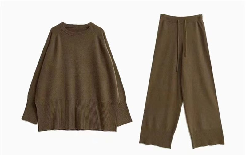 Lazy style loose fit slimming knit sweater wide leg 2024 autumn/winter new scarf top pants three piece set_voghion.com