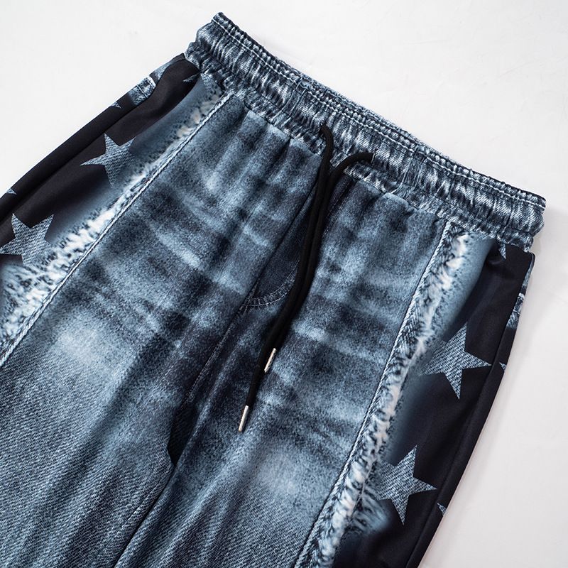 Damkläder High End liten doftstil Retro jeanstryck Jacka Byxor med vida ben Tvådelad kostym_voghion.com