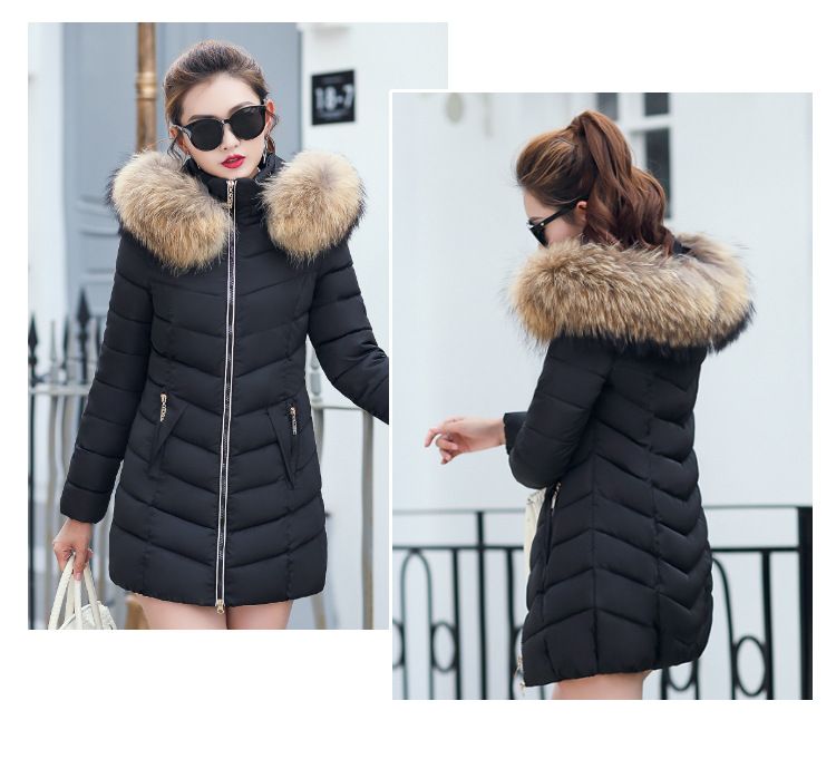 Lange, schmal geschnittene, baumwollgefütterte Damenjacke mit großem Pelzkragen und Daunenfüllung_voghion.com