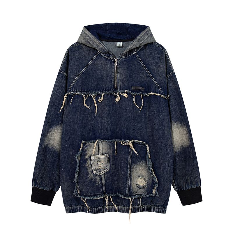 Men's Clothing New High Street Trendy Brand Denim Hoodie Wasteland Style Washed Splicing Hooded Sweatshirt_voghion.com
