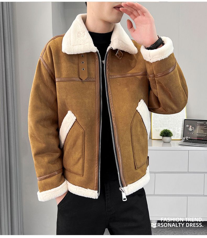 Men's Faux Shearling Lamb Fur Jacket Winter Loose Fit Stand Collar Motorcycle Coat Fleece Lined Thick Warm_voghion.com